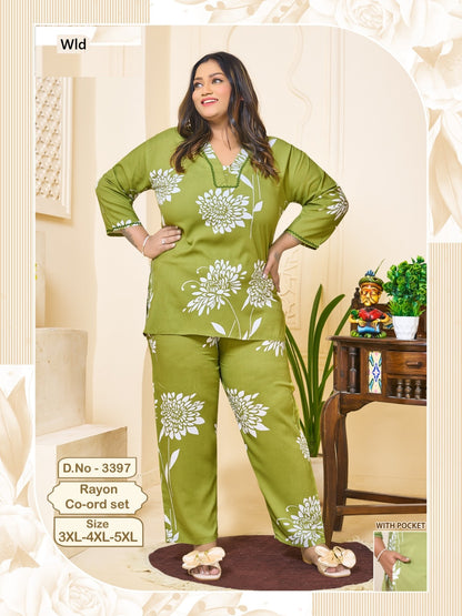 Design 3397 Plus Size Wld Rayon Co Ord Set Wholesale