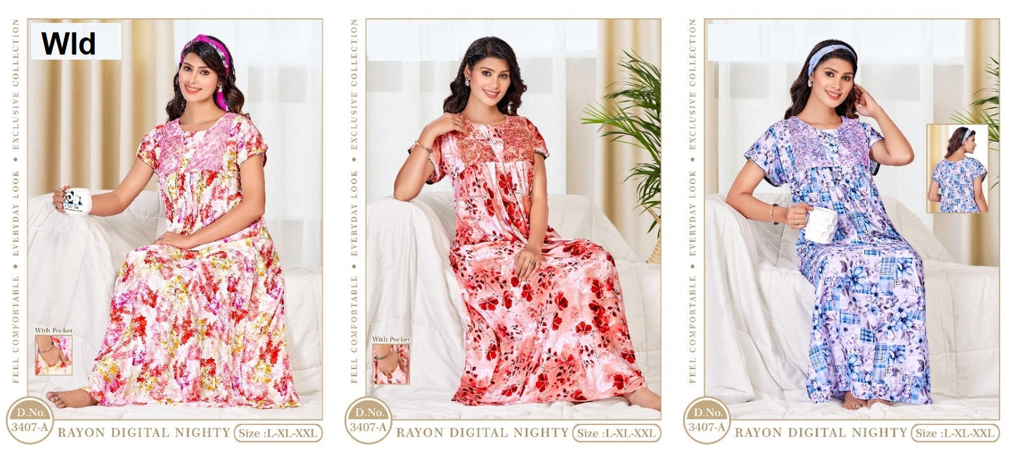 Design 3407 Wld Rayon Night Gowns Supplier India