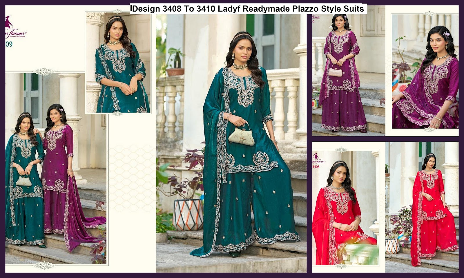 Design 3408 To 3410 Ladyf Satin Readymade Plazzo Style Suits Exporter India