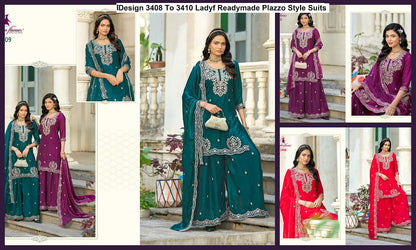 Design 3408 To 3410 Ladyf Satin Readymade Plazzo Style Suits Exporter India