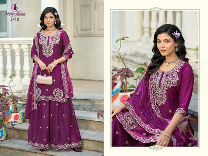 Design 3408 To 3410 Ladyf Satin Readymade Plazzo Style Suits Exporter India