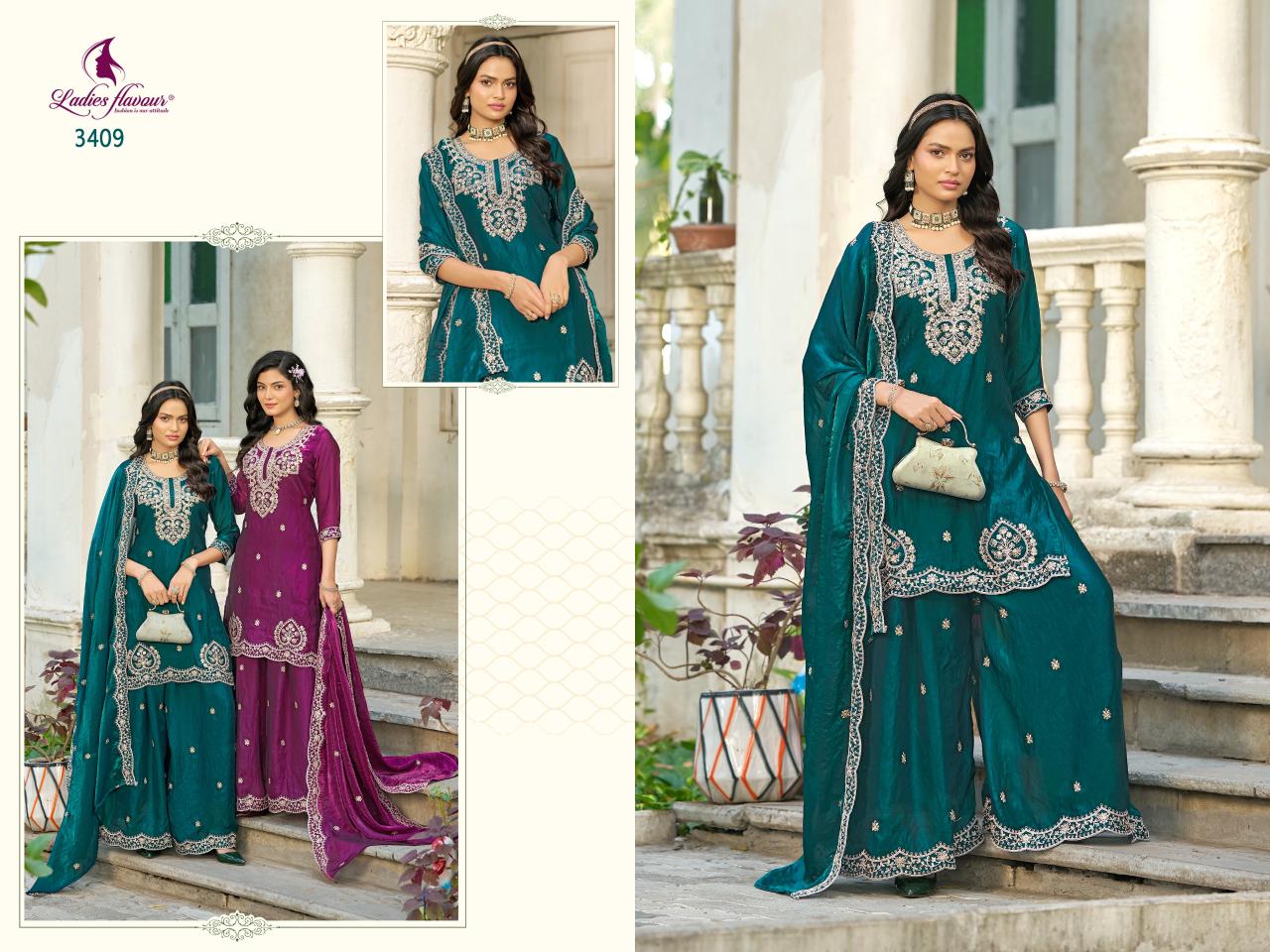 Design 3408 To 3410 Ladyf Satin Readymade Plazzo Style Suits Exporter India