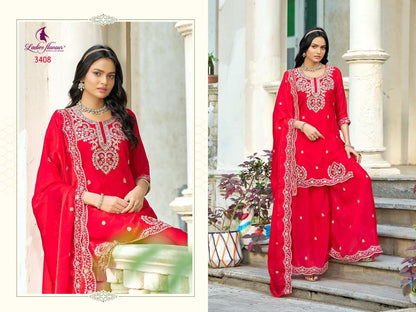 Design 3408 To 3410 Ladyf Satin Readymade Plazzo Style Suits Exporter India