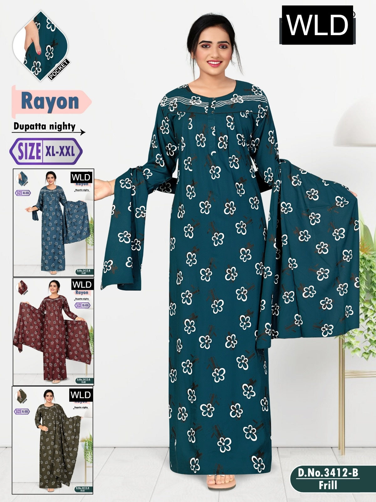 Design 3412 Wld Rayon Night Gowns With Dupatta Manufacturer