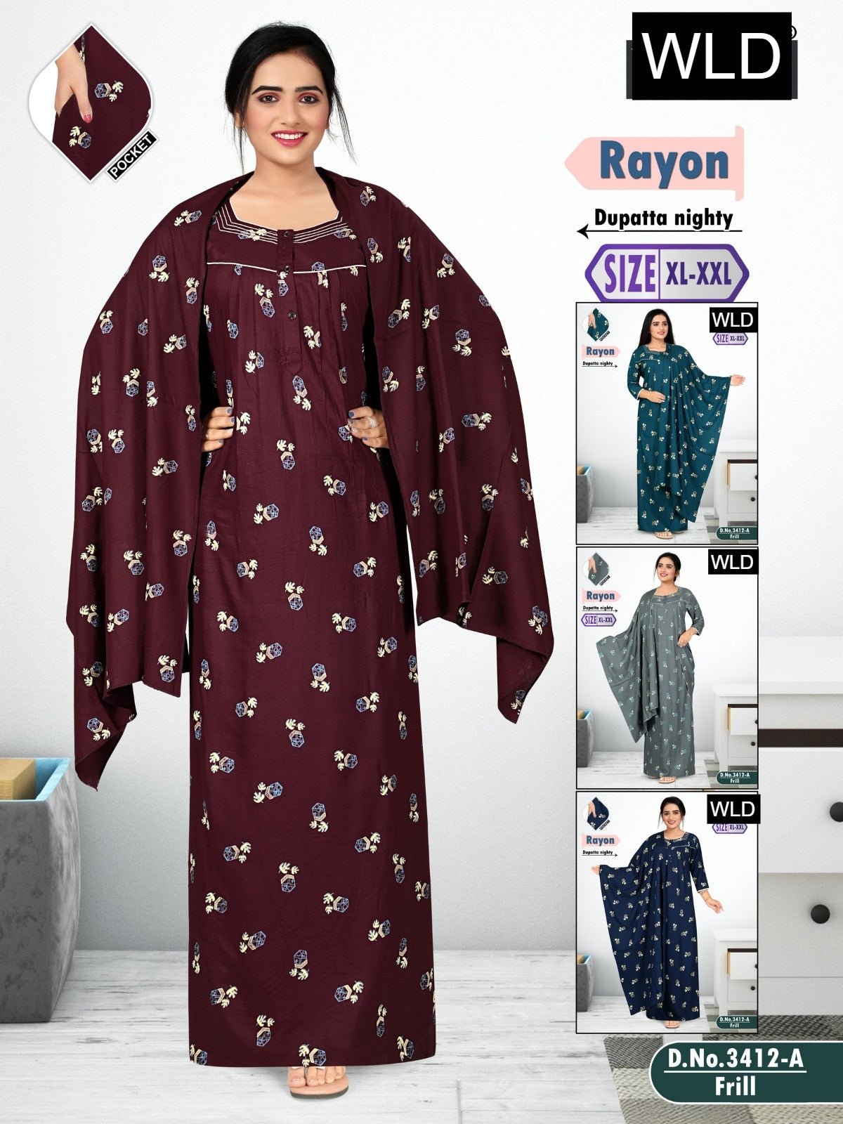 Design 3412 Wld Rayon Night Gowns With Dupatta Manufacturer