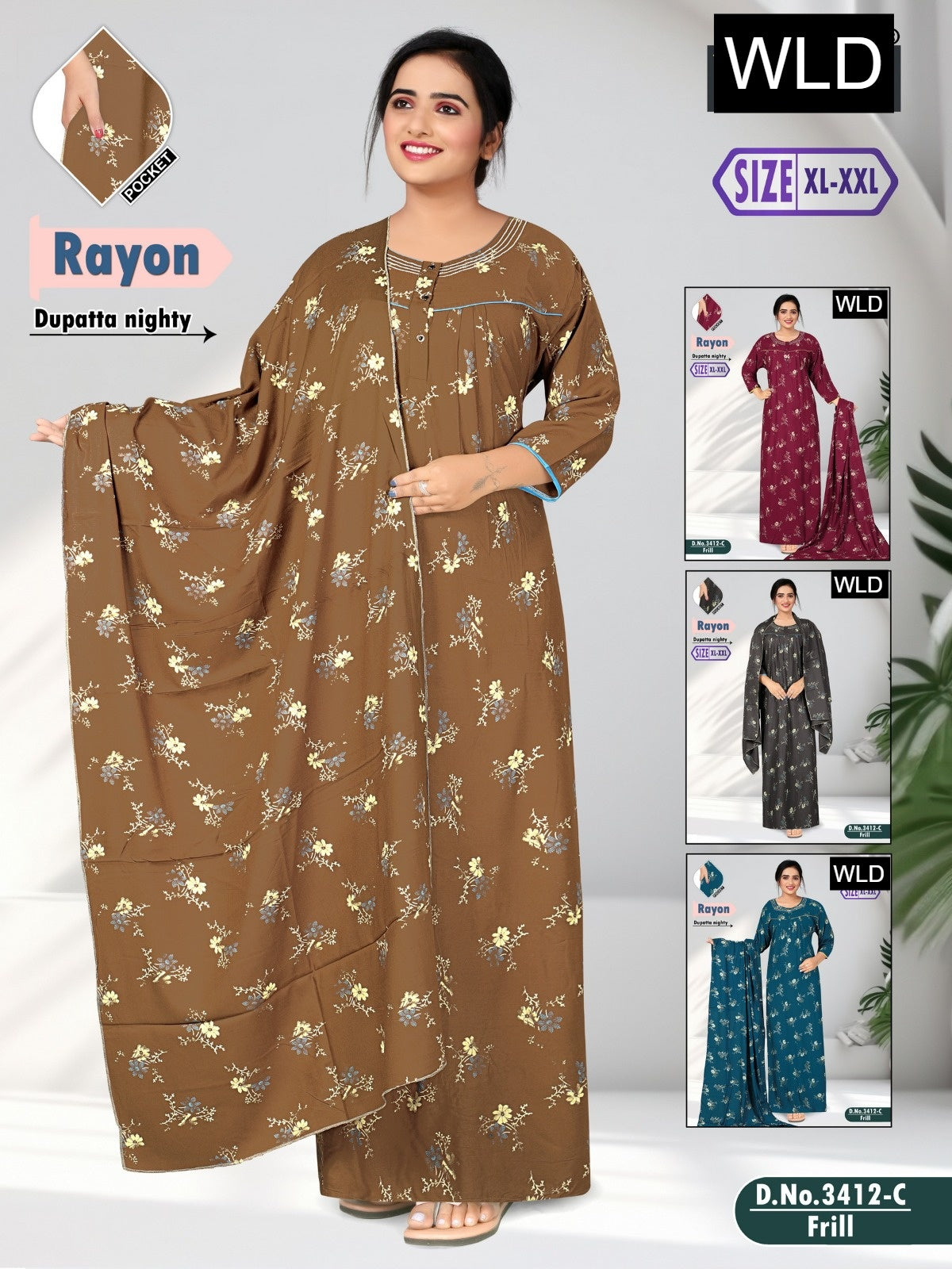 Design 3412 Wld Rayon Night Gowns With Dupatta Manufacturer