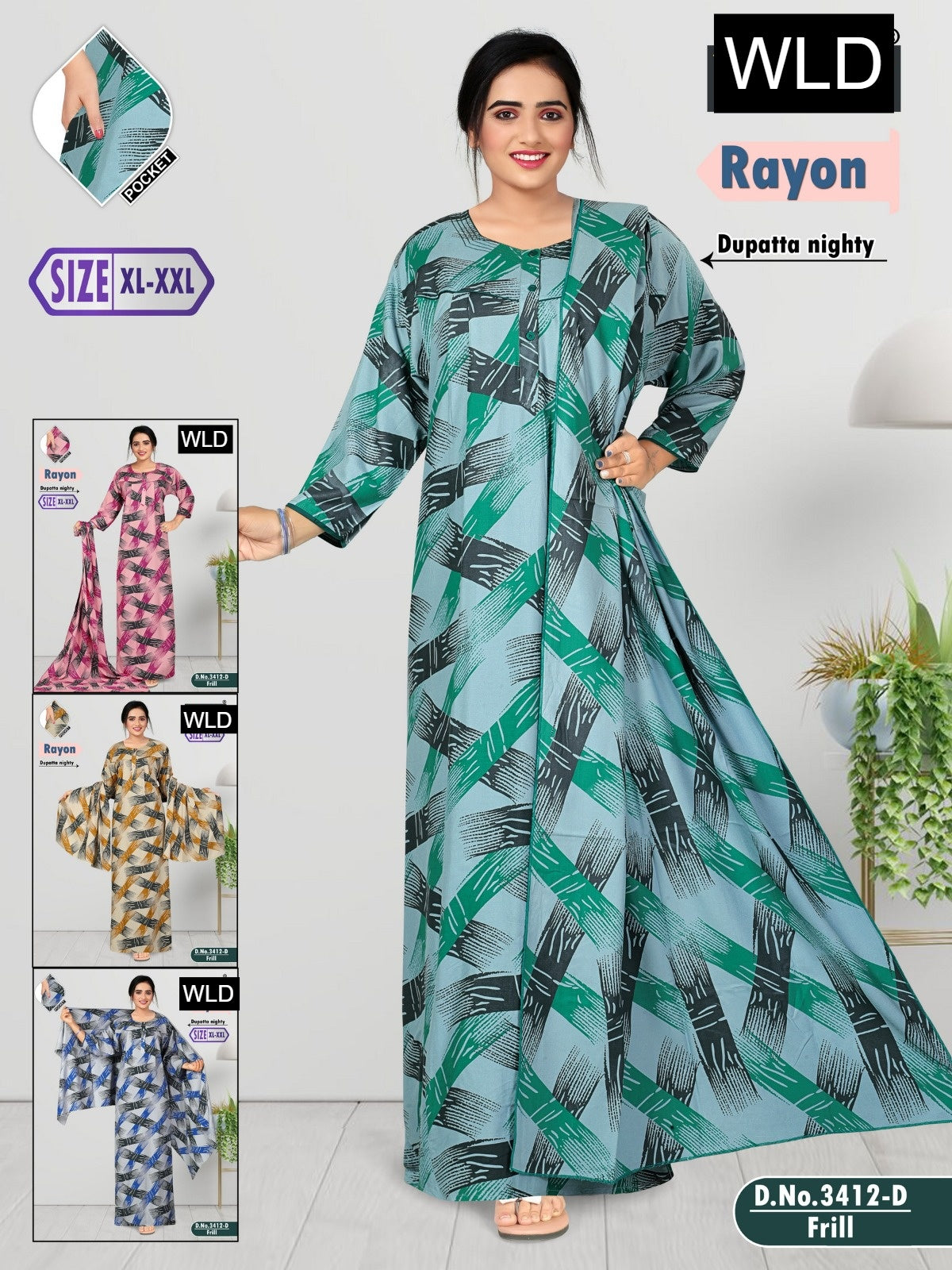 Design 3412 Wld Rayon Night Gowns With Dupatta Manufacturer