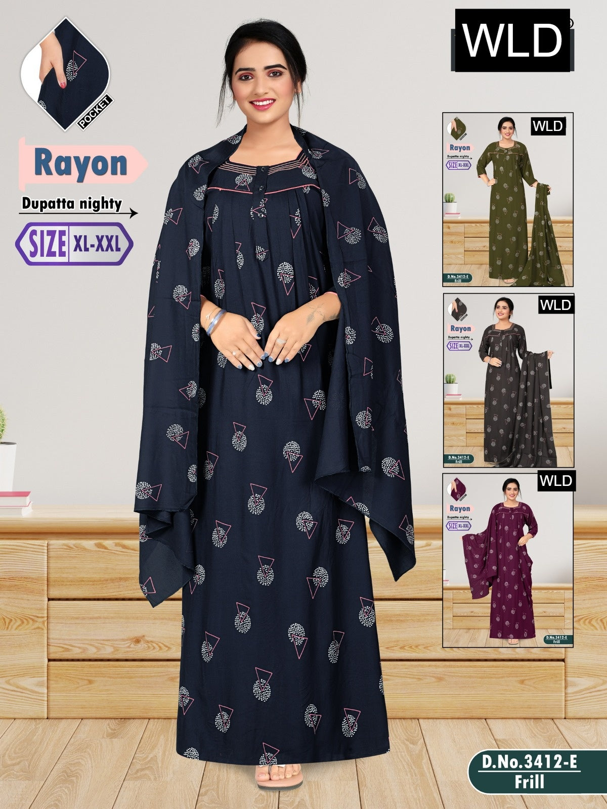 Design 3412 Wld Rayon Night Gowns With Dupatta Manufacturer