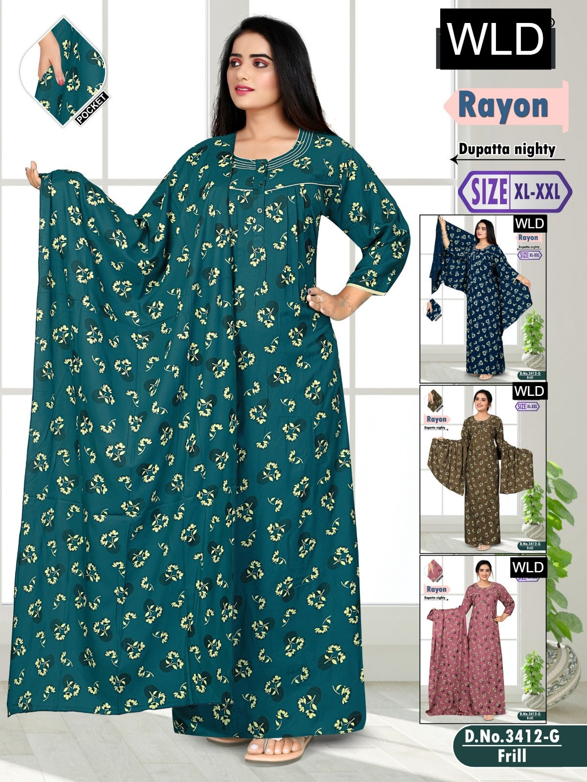 Design 3412 Wld Rayon Night Gowns With Dupatta Manufacturer