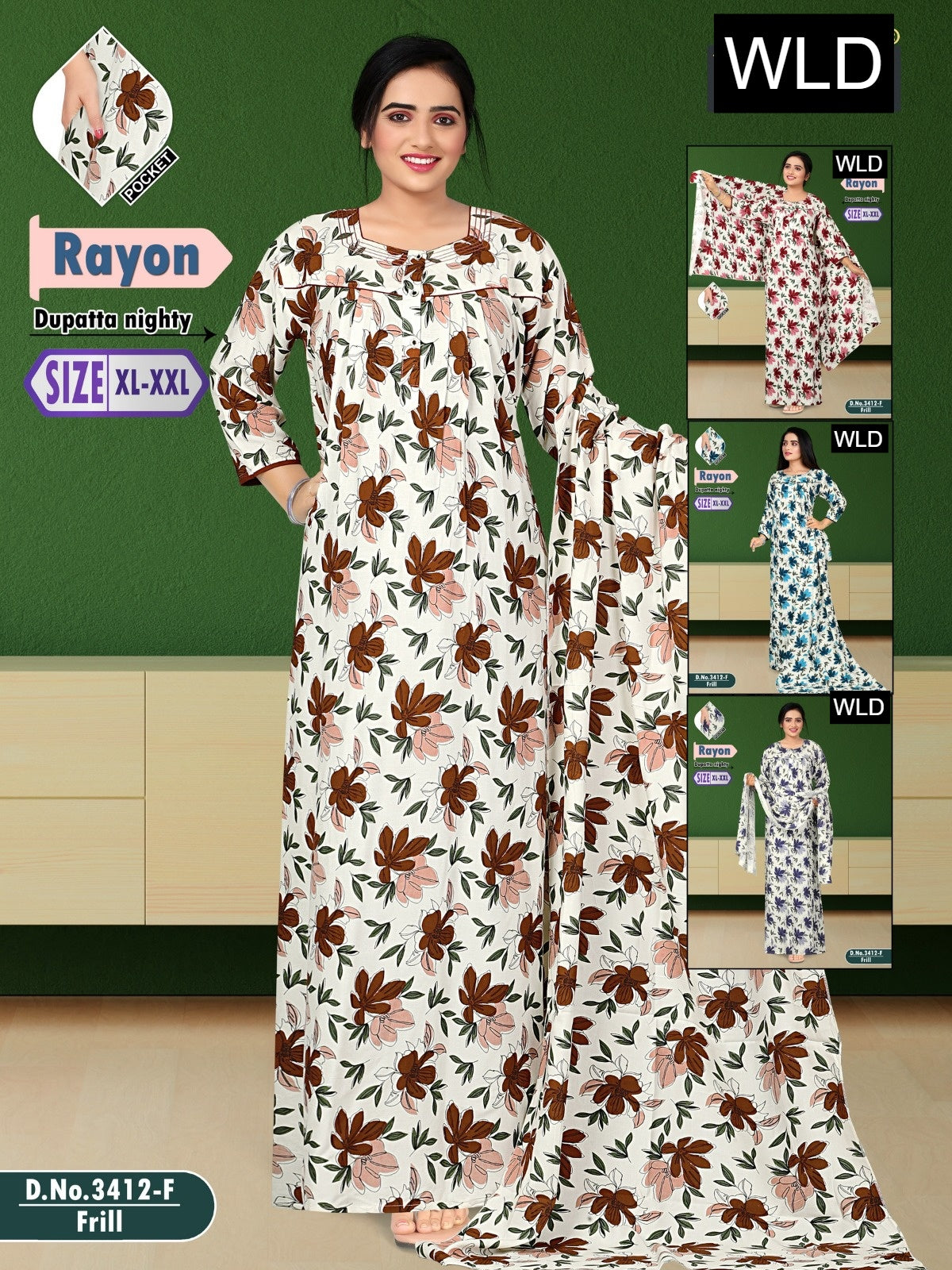 Design 3412 Wld Rayon Night Gowns With Dupatta Manufacturer