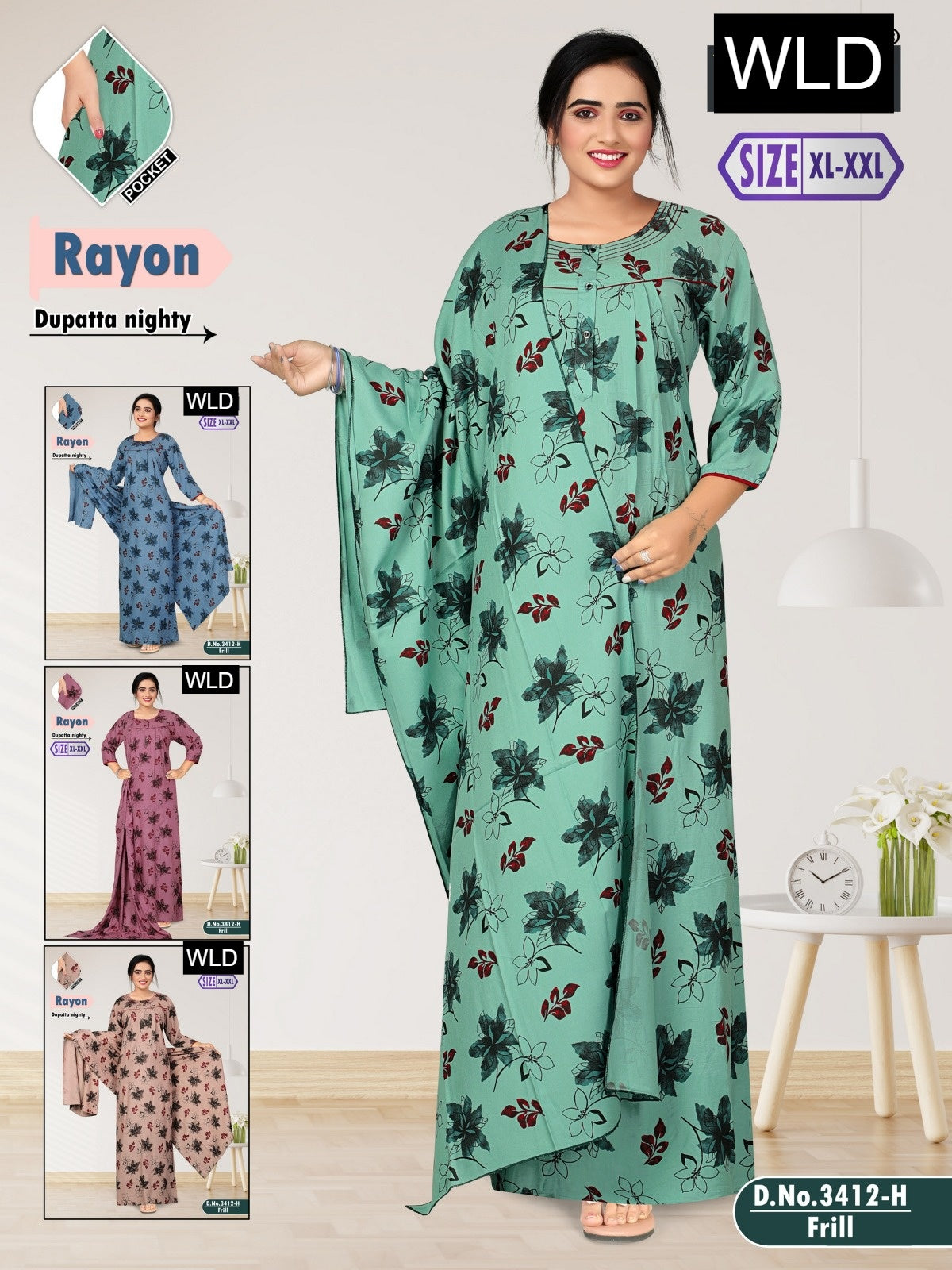 Design 3412 Wld Rayon Night Gowns With Dupatta Manufacturer