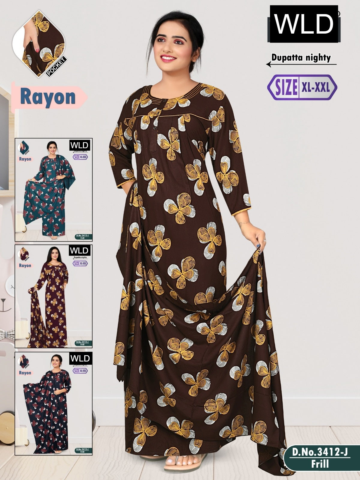 Design 3412 Wld Rayon Night Gowns With Dupatta Manufacturer
