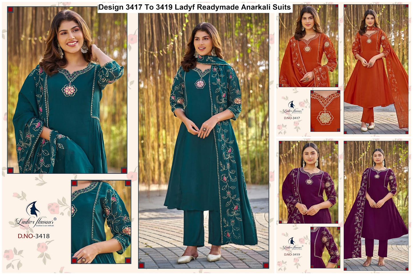 Design 3417 To 3419 Ladyf Mul Chanderi Readymade Anarkali Suits Exporter