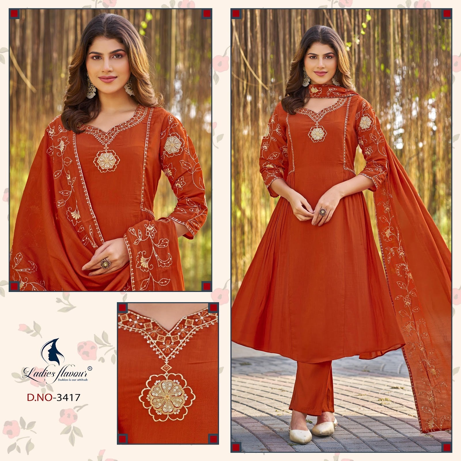 Design 3417 To 3419 Ladyf Mul Chanderi Readymade Anarkali Suits Exporter