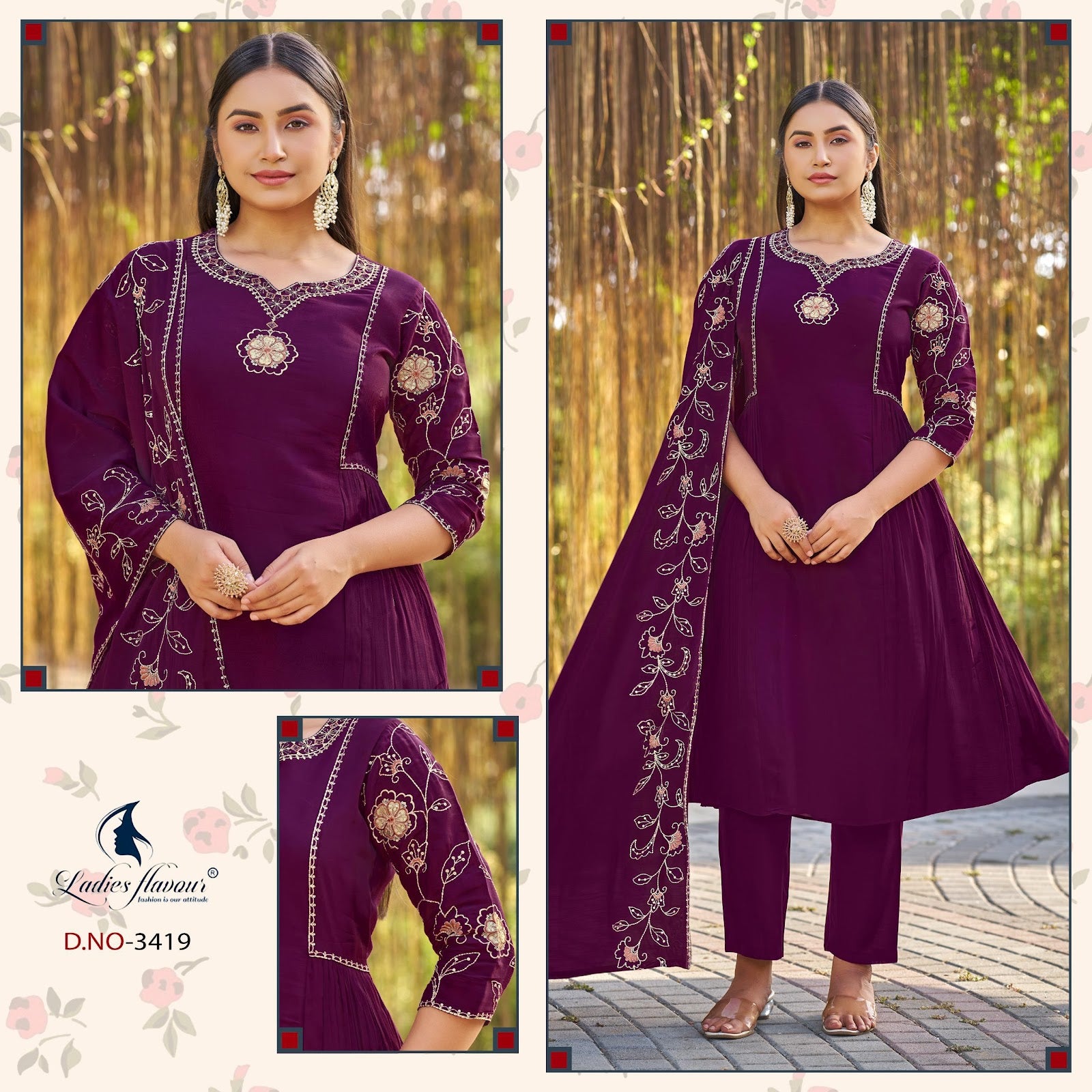 Design 3417 To 3419 Ladyf Mul Chanderi Readymade Anarkali Suits Exporter