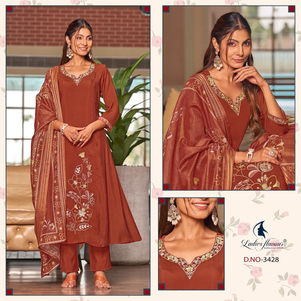 Design 3427-3429 Ladyf Chanderi Readymade Pant Style Suits Manufacturer Gujarat