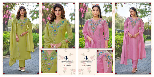 Design 3430-3431 Ladyf Mul Chanderi Readymade Pant Style Suits Wholesaler Ahmedabad