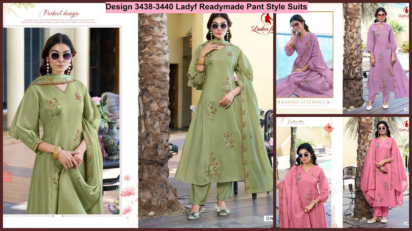 Design 3438-3440 Ladyf Mul Chanderi Readymade Pant Style Suits Wholesaler Gujarat