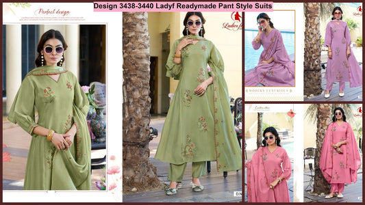 Design 3438-3440 Ladyf Mul Chanderi Readymade Pant Style Suits Wholesaler Gujarat