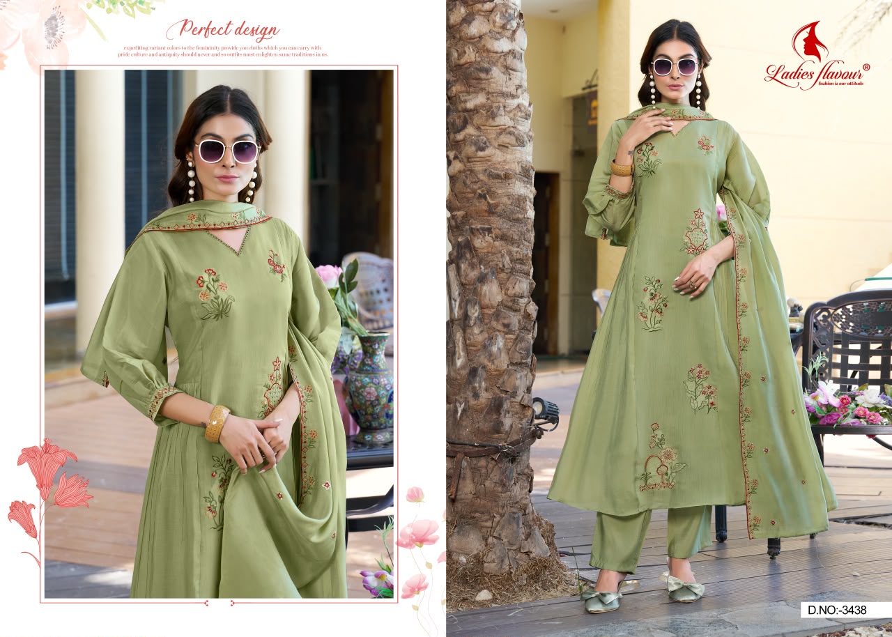 Design 3438-3440 Ladyf Mul Chanderi Readymade Pant Style Suits Wholesaler Gujarat