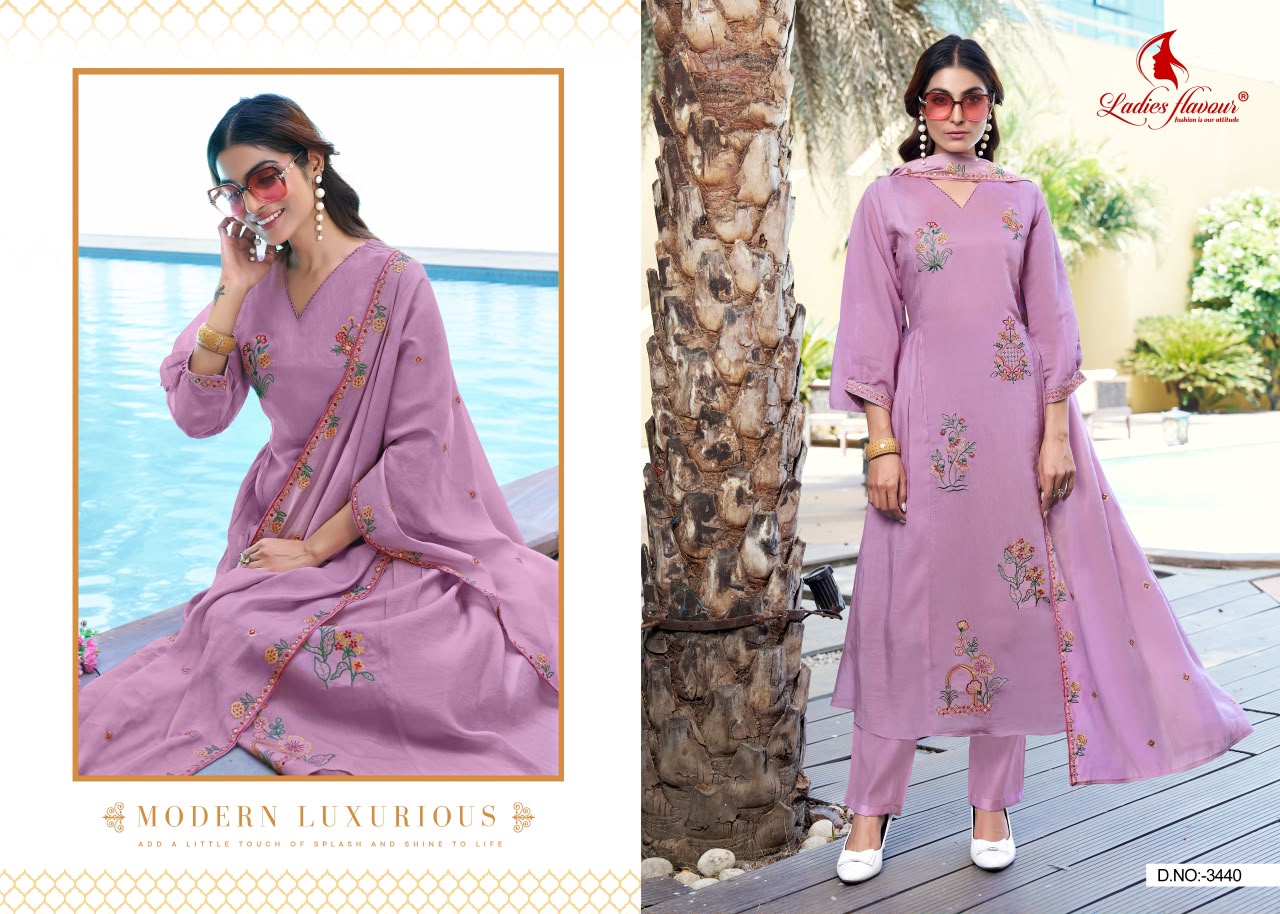 Design 3438-3440 Ladyf Mul Chanderi Readymade Pant Style Suits Wholesaler Gujarat