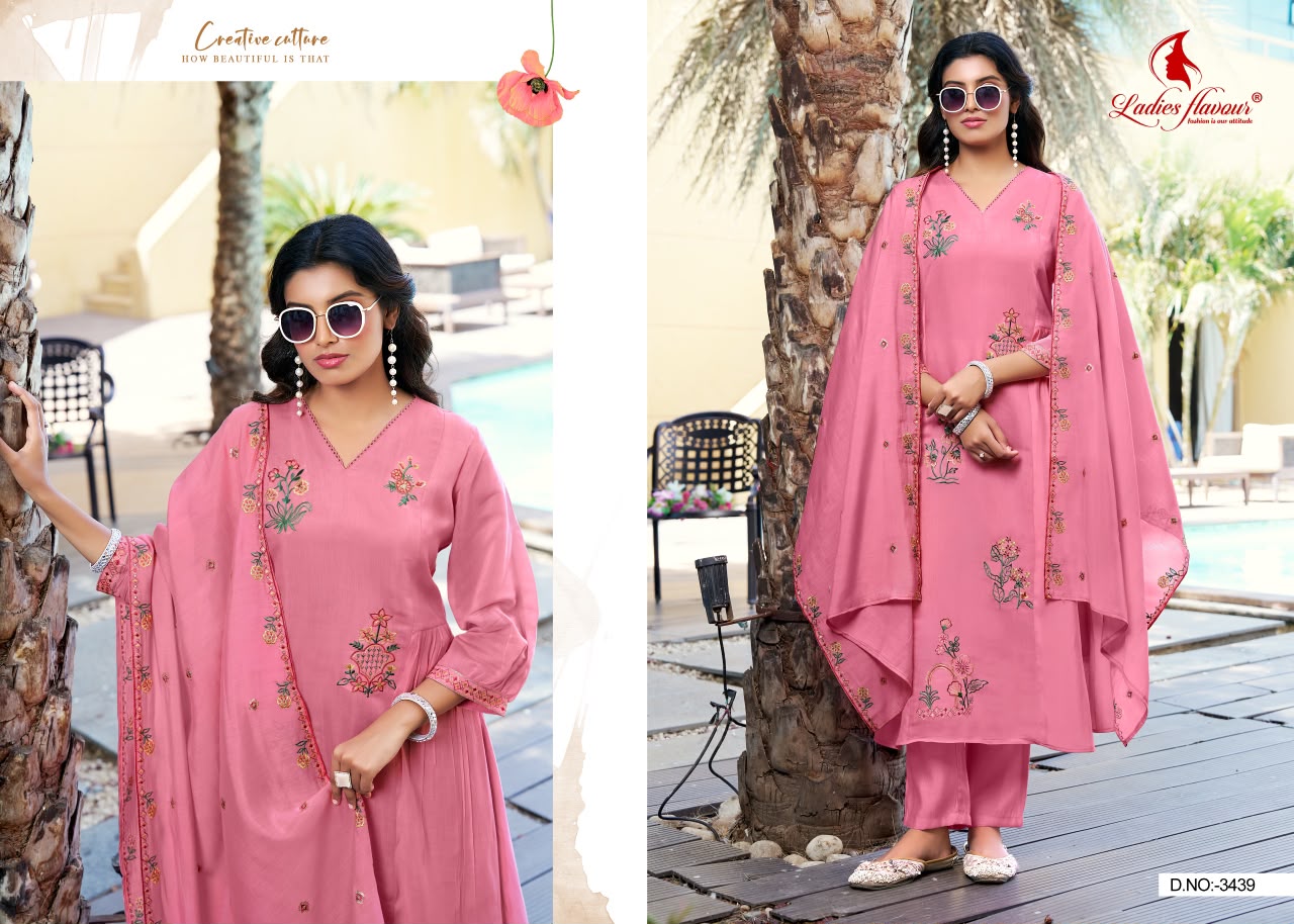 Design 3438-3440 Ladyf Mul Chanderi Readymade Pant Style Suits Wholesaler Gujarat