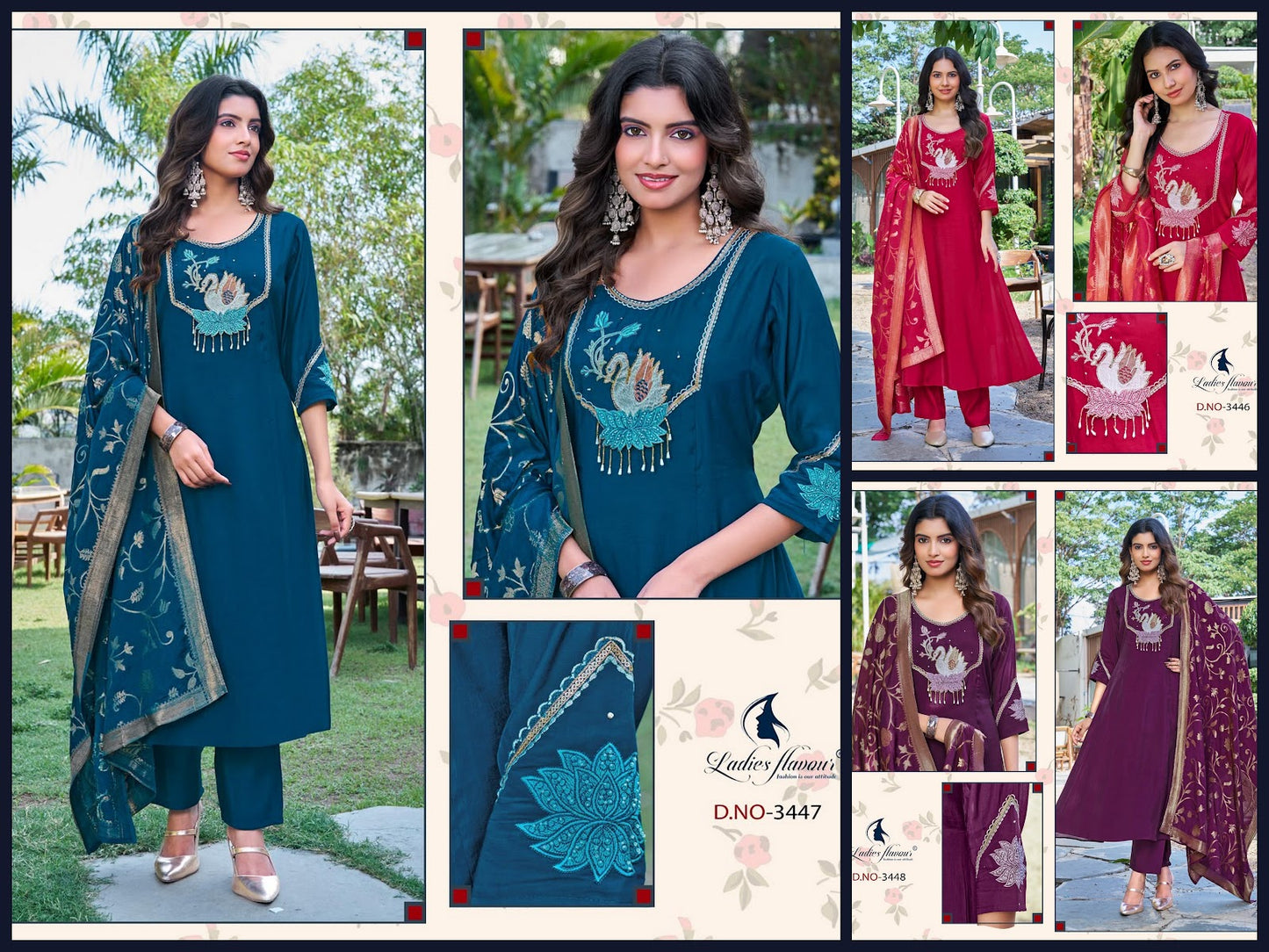 Design 3446 To 3448 Ladyf Mul Chanderi Readymade Anarkali Suits Exporter Gujarat
