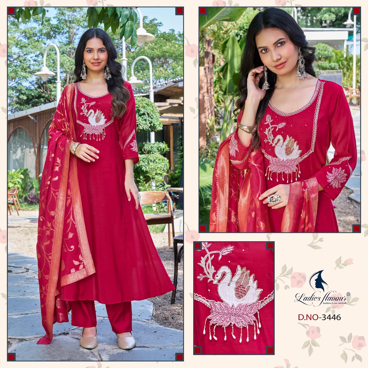 Design 3446 To 3448 Ladyf Mul Chanderi Readymade Anarkali Suits Exporter Gujarat