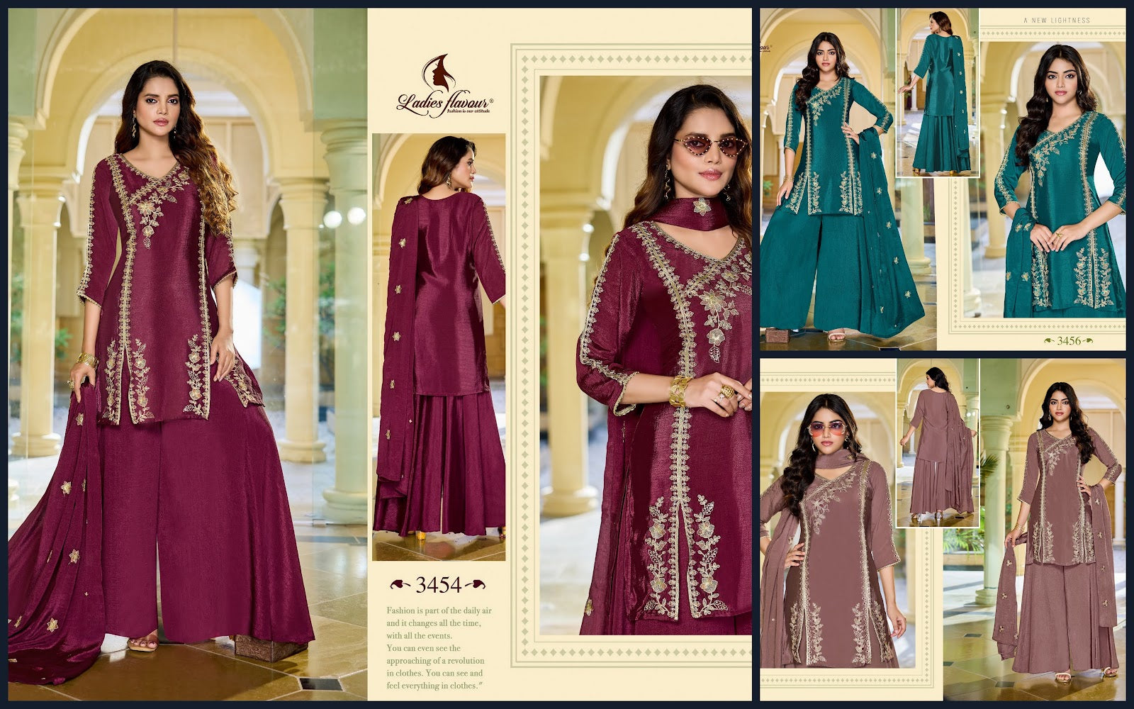 Design 3454 To 3456 Ladyf Chinnon Readymade Plazzo Style Suits Wholesaler Ahmedabad