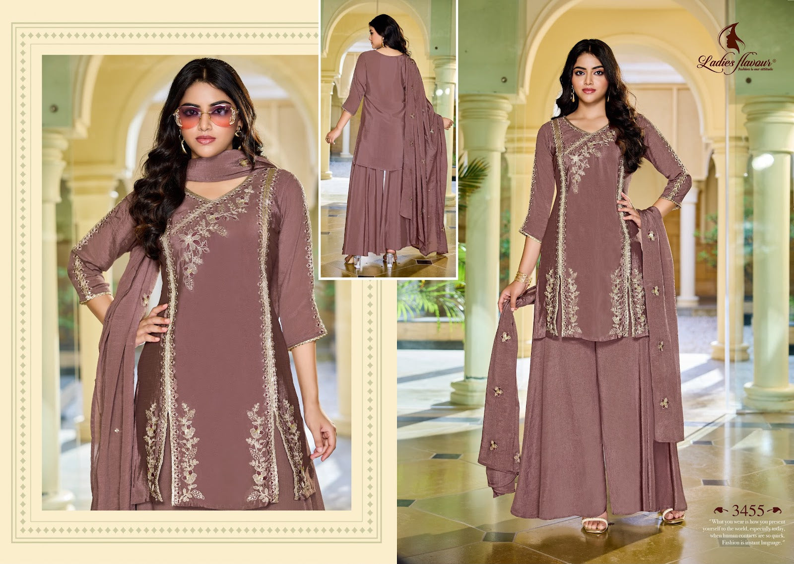 Design 3454 To 3456 Ladyf Chinnon Readymade Plazzo Style Suits Wholesaler Ahmedabad