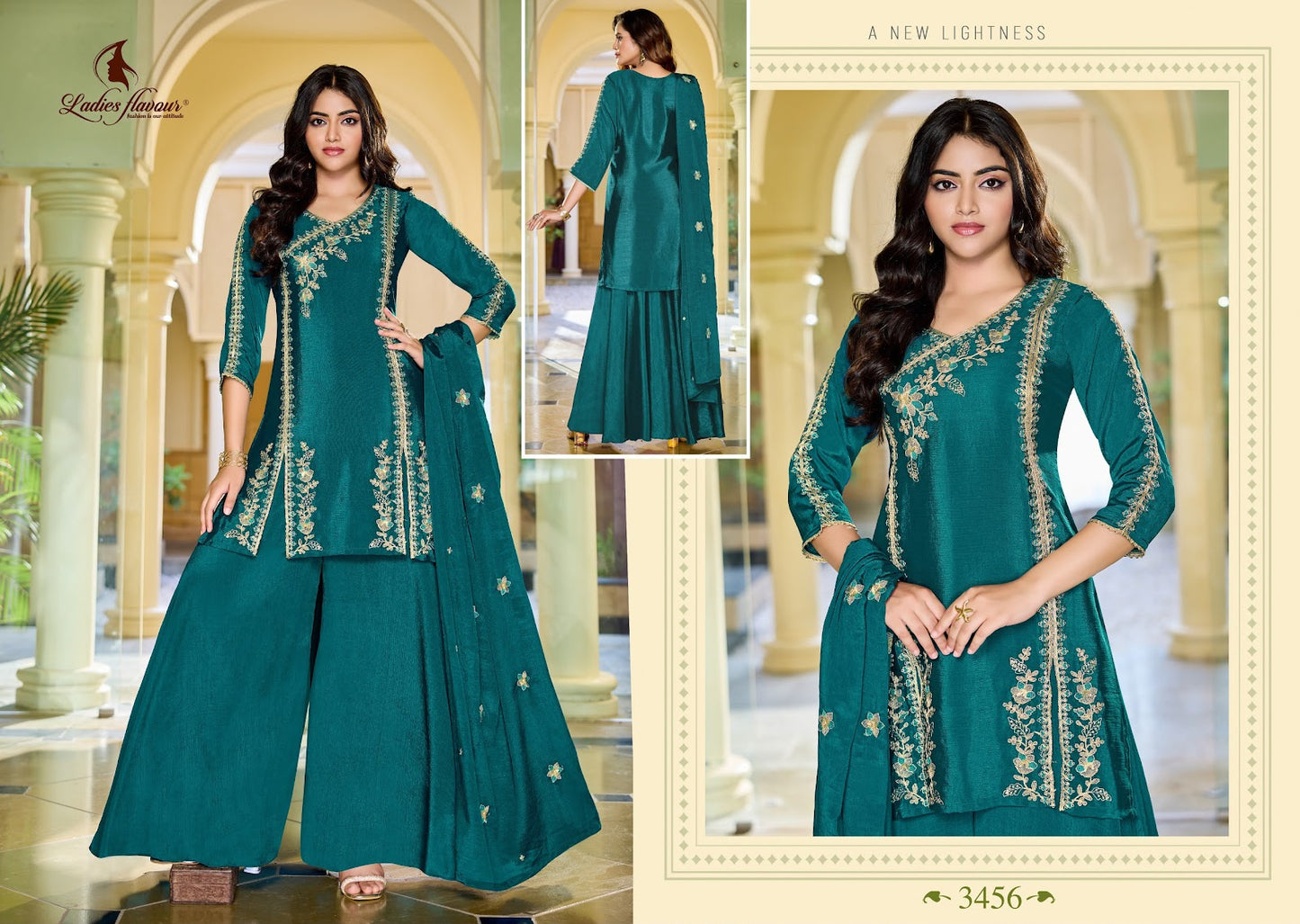 Design 3454 To 3456 Ladyf Chinnon Readymade Plazzo Style Suits Wholesaler Ahmedabad