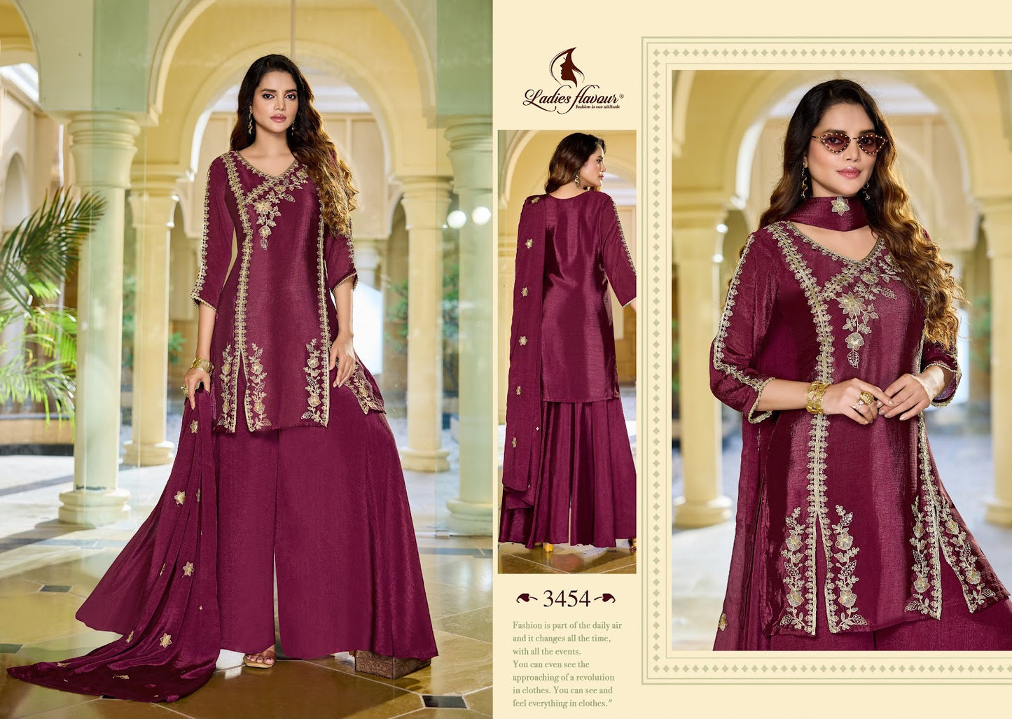 Design 3454 To 3456 Ladyf Chinnon Readymade Plazzo Style Suits Wholesaler Ahmedabad