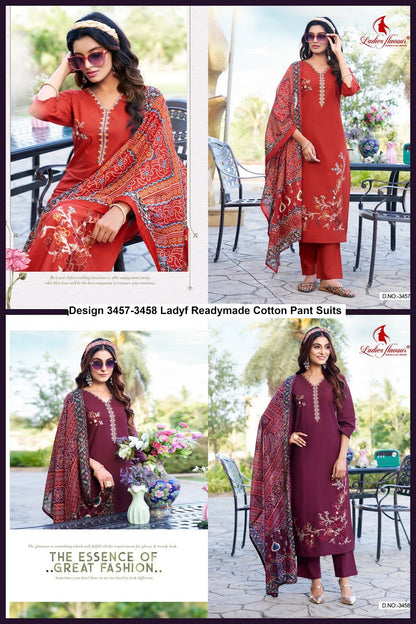 Design 3457-3458 Ladyf Readymade Cotton Pant Suits Exporter Gujarat