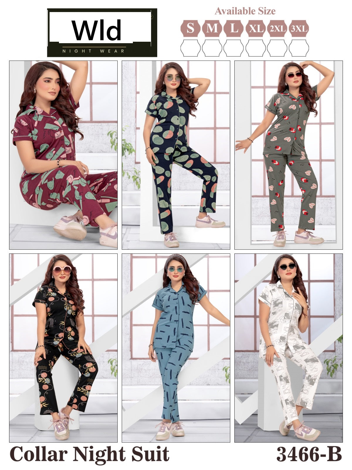 Design 3466 B Wld Cotton Collar Night Suits Wholesale