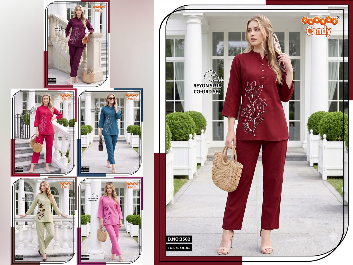 Design 3502 Orange Candy Rayon Slub Co Ord Set Supplier Gujarat