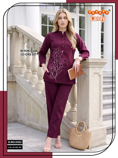 Design 3502 Orange Candy Rayon Slub Co Ord Set Supplier Gujarat