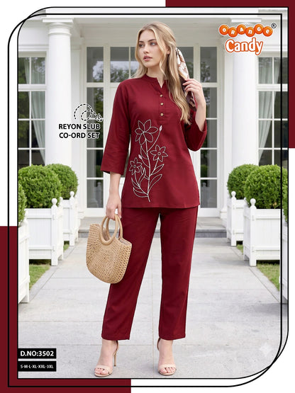 Design 3502 Orange Candy Rayon Slub Co Ord Set Supplier Gujarat