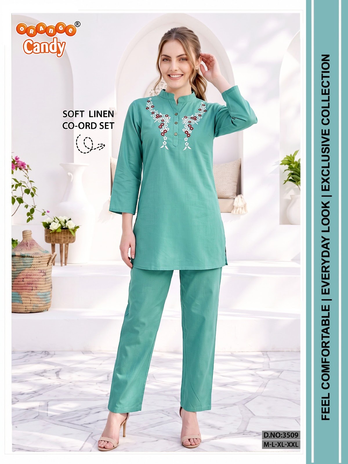 Design 3509 Orange Candy Soft Linen Co Ord Set Supplier Gujarat