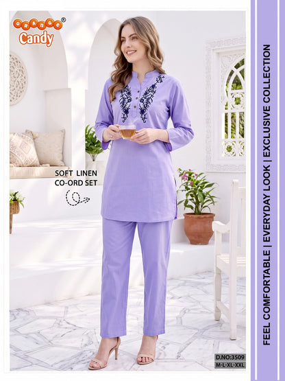 Design 3509 Orange Candy Soft Linen Co Ord Set Supplier Gujarat