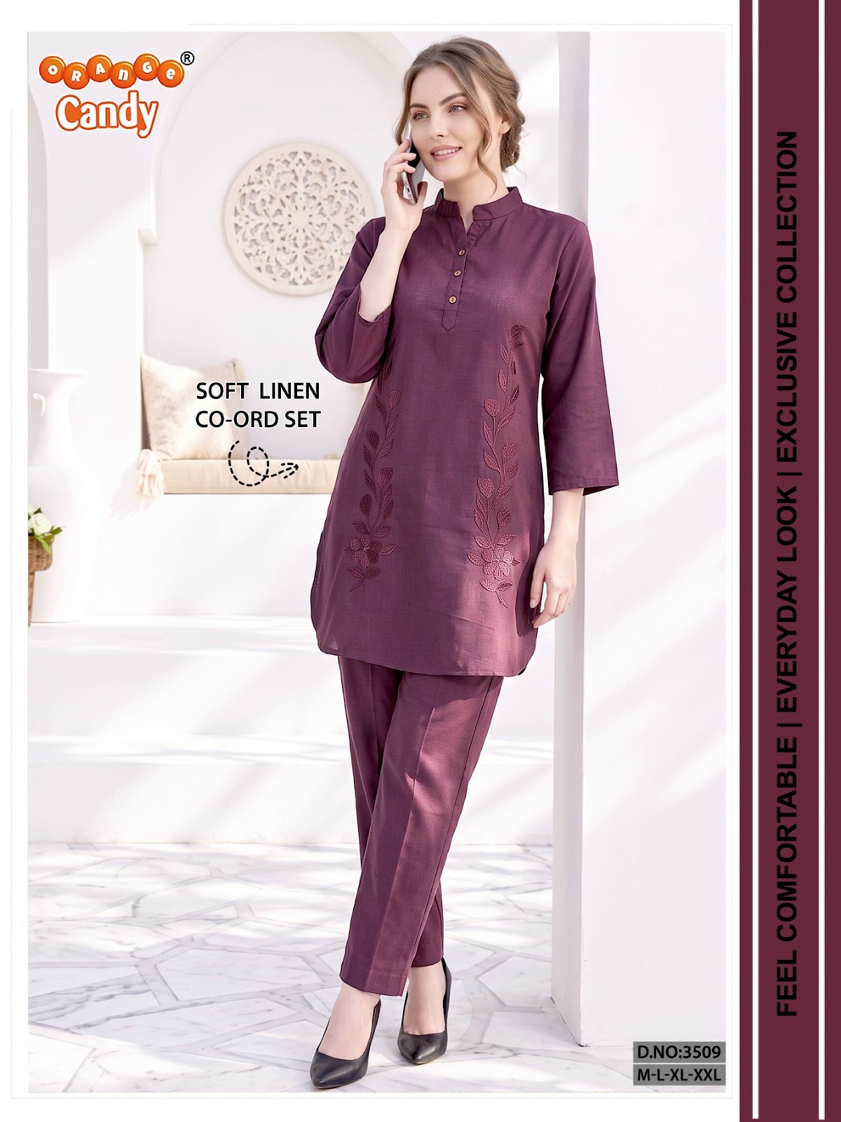 Design 3509 Orange Candy Soft Linen Co Ord Set Supplier Gujarat