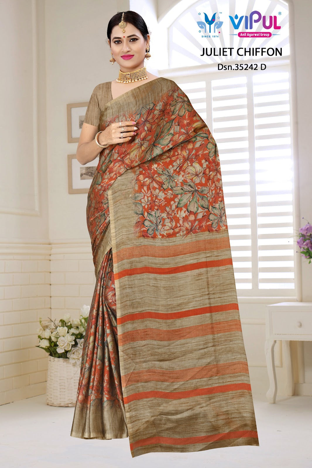 Design 35242 Vipul Chiffon Sarees Supplier Gujarat