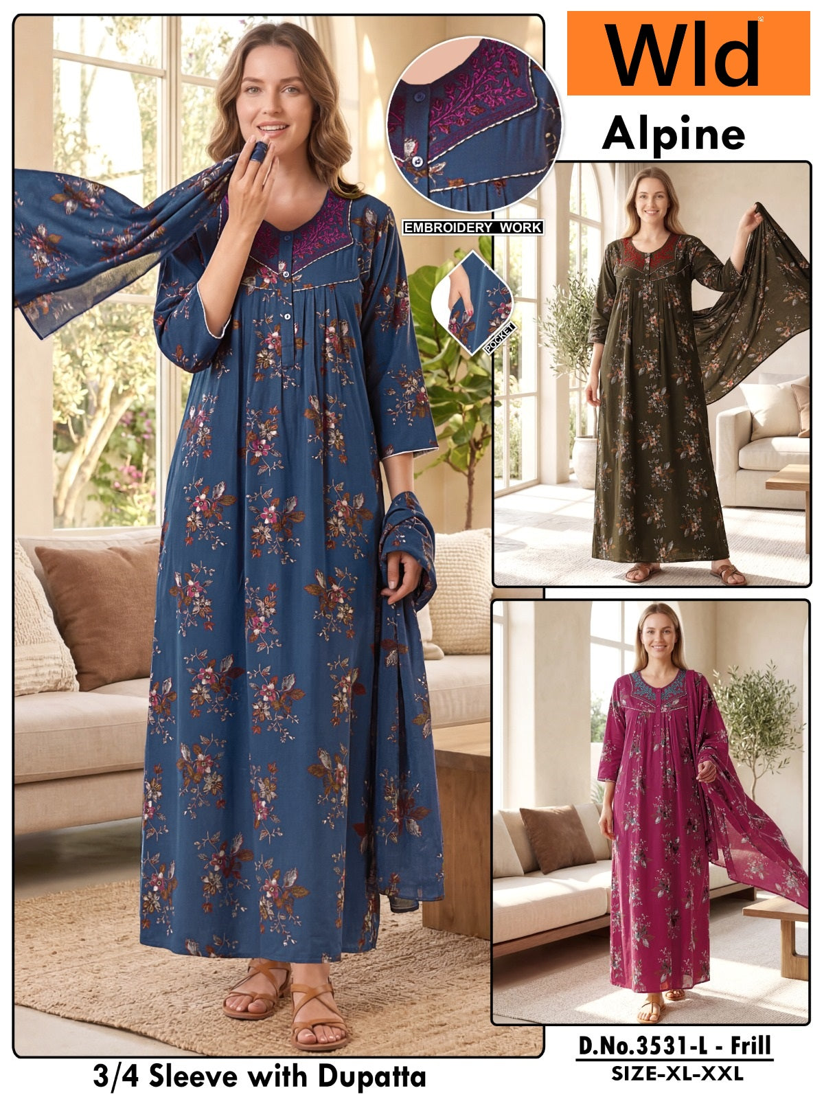Design 3531 Wld Alpine Night Gowns With Dupatta Supplier India