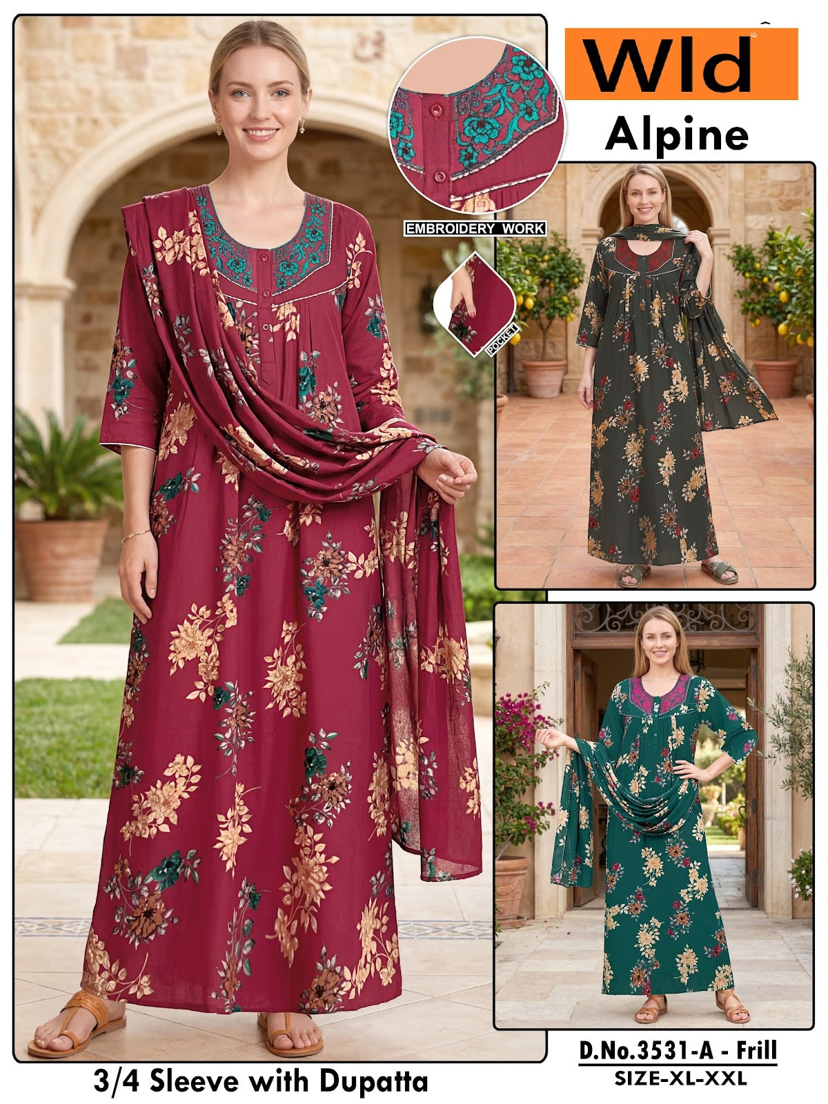 Design 3531 Wld Alpine Night Gowns With Dupatta Supplier India
