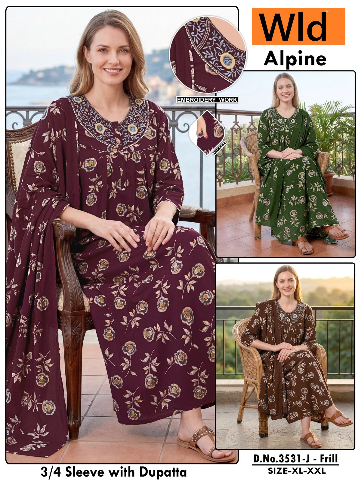 Design 3531 Wld Alpine Night Gowns With Dupatta Supplier India