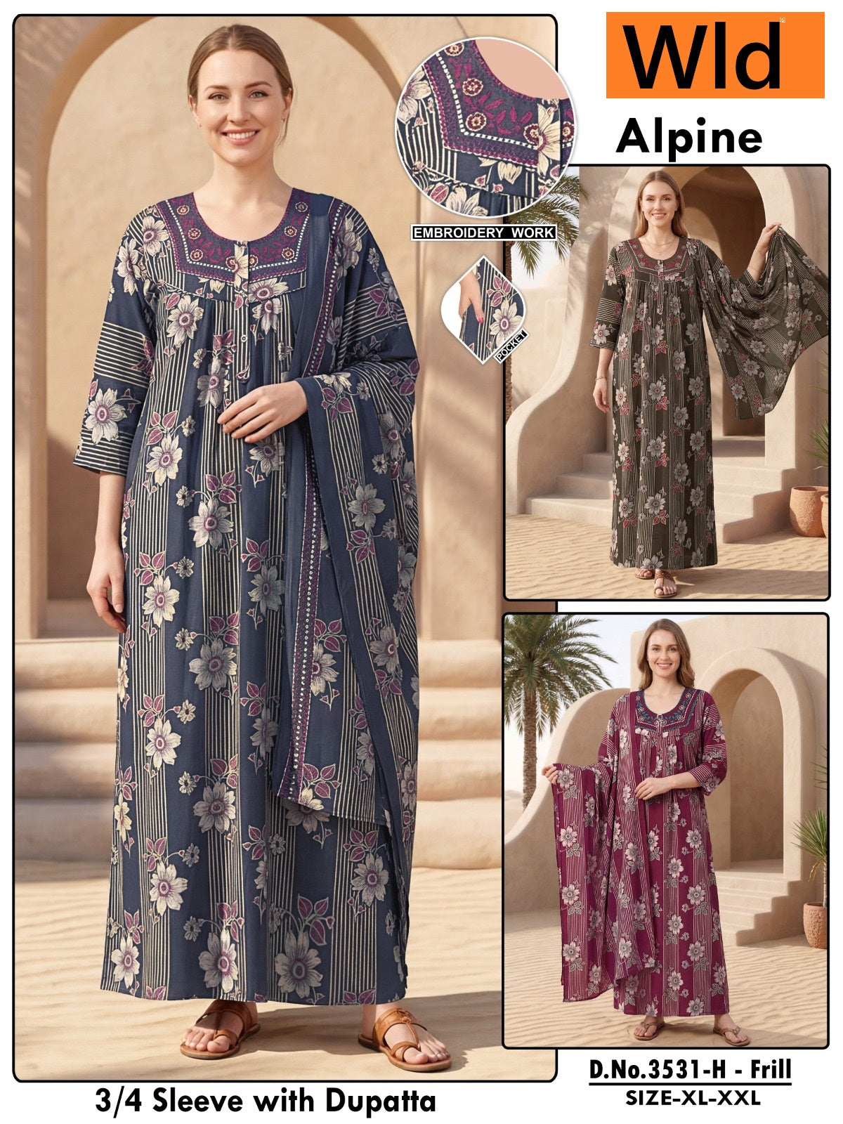 Design 3531 Wld Alpine Night Gowns With Dupatta Supplier India