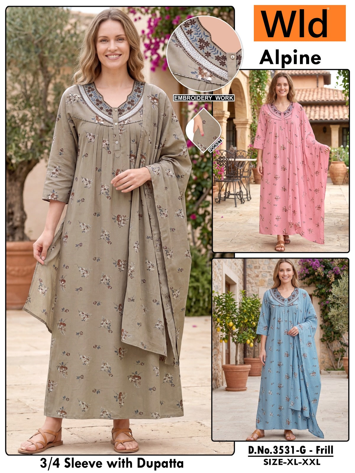 Design 3531 Wld Alpine Night Gowns With Dupatta Supplier India