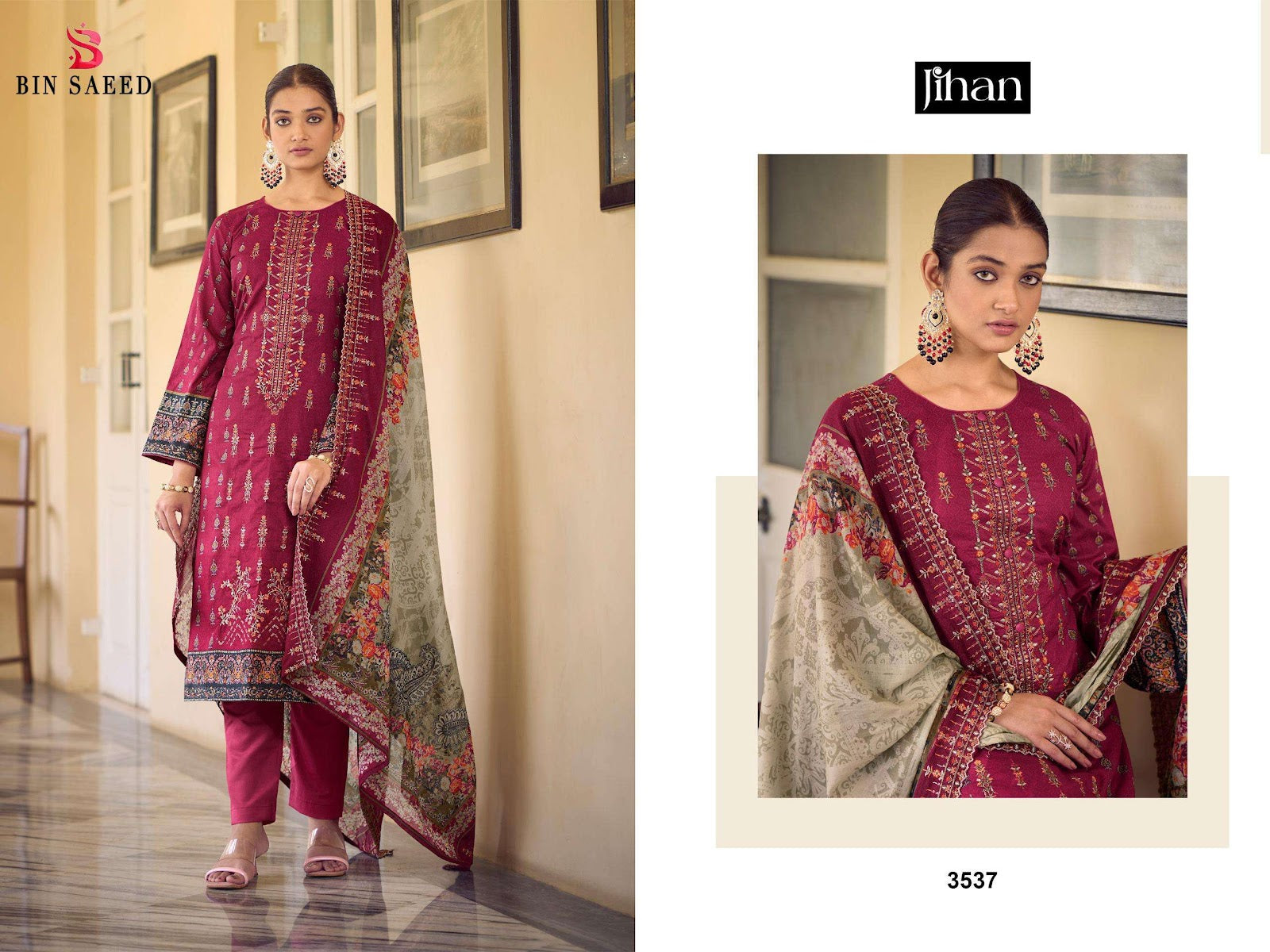 Design 3537 Bin Saeed Jihan Lawn Karachi Salwar Suits Wholesaler Gujarat