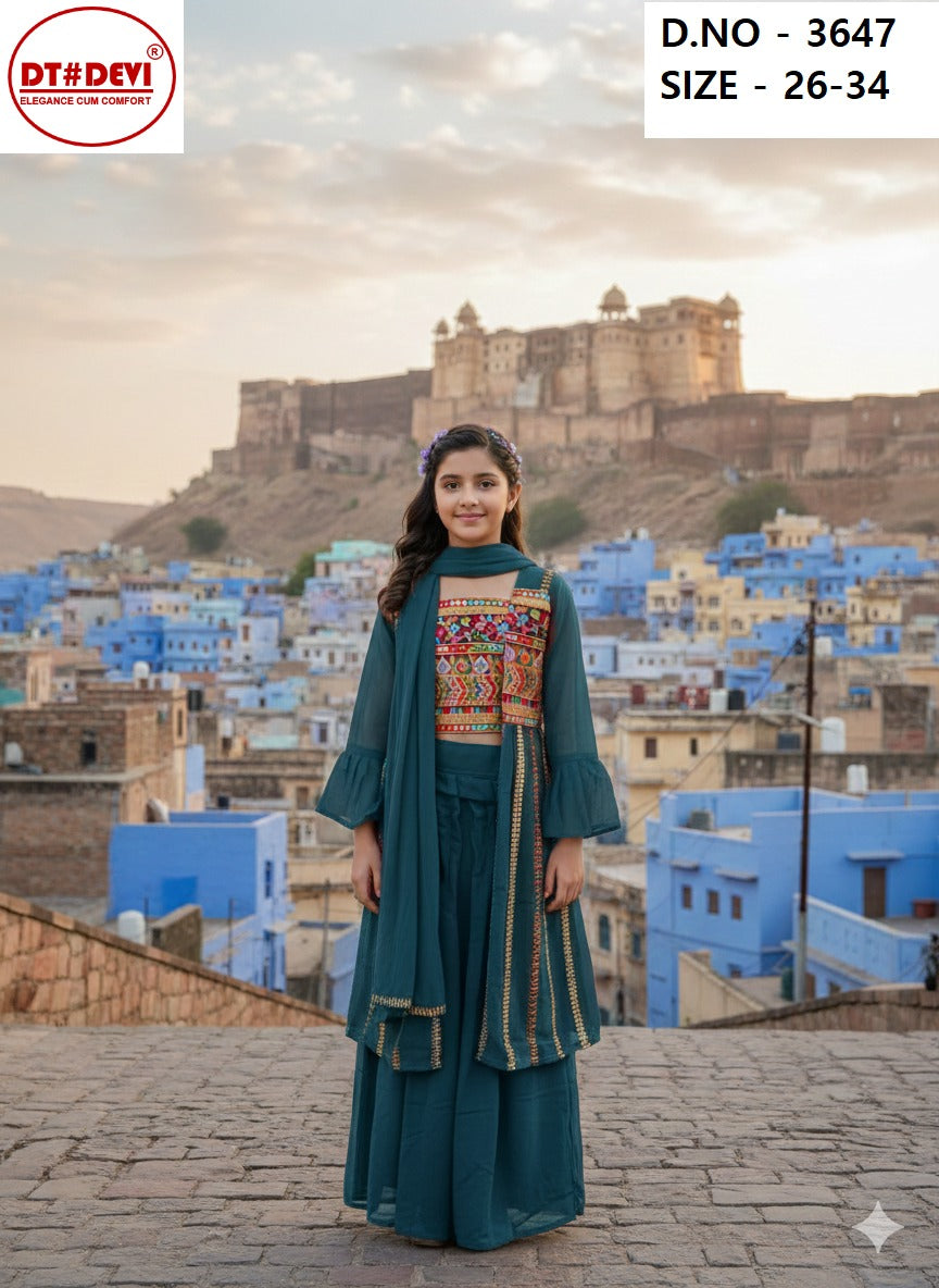 Design 3647 With Dupatta Dt Devi Georgette Girls Croptop Jacket Skirt Wholesale