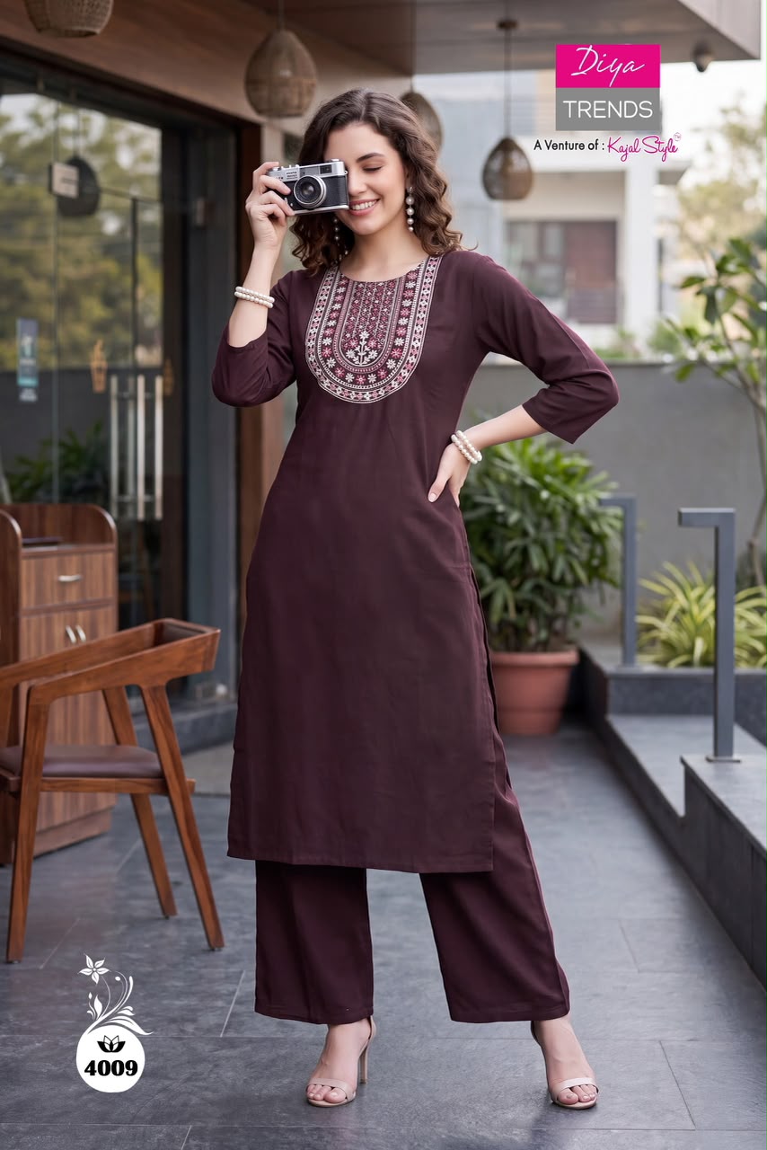 Design 4001 To 4010 Diya Trends Dhabu Cotton Kurti Plazzo Set Supplier India