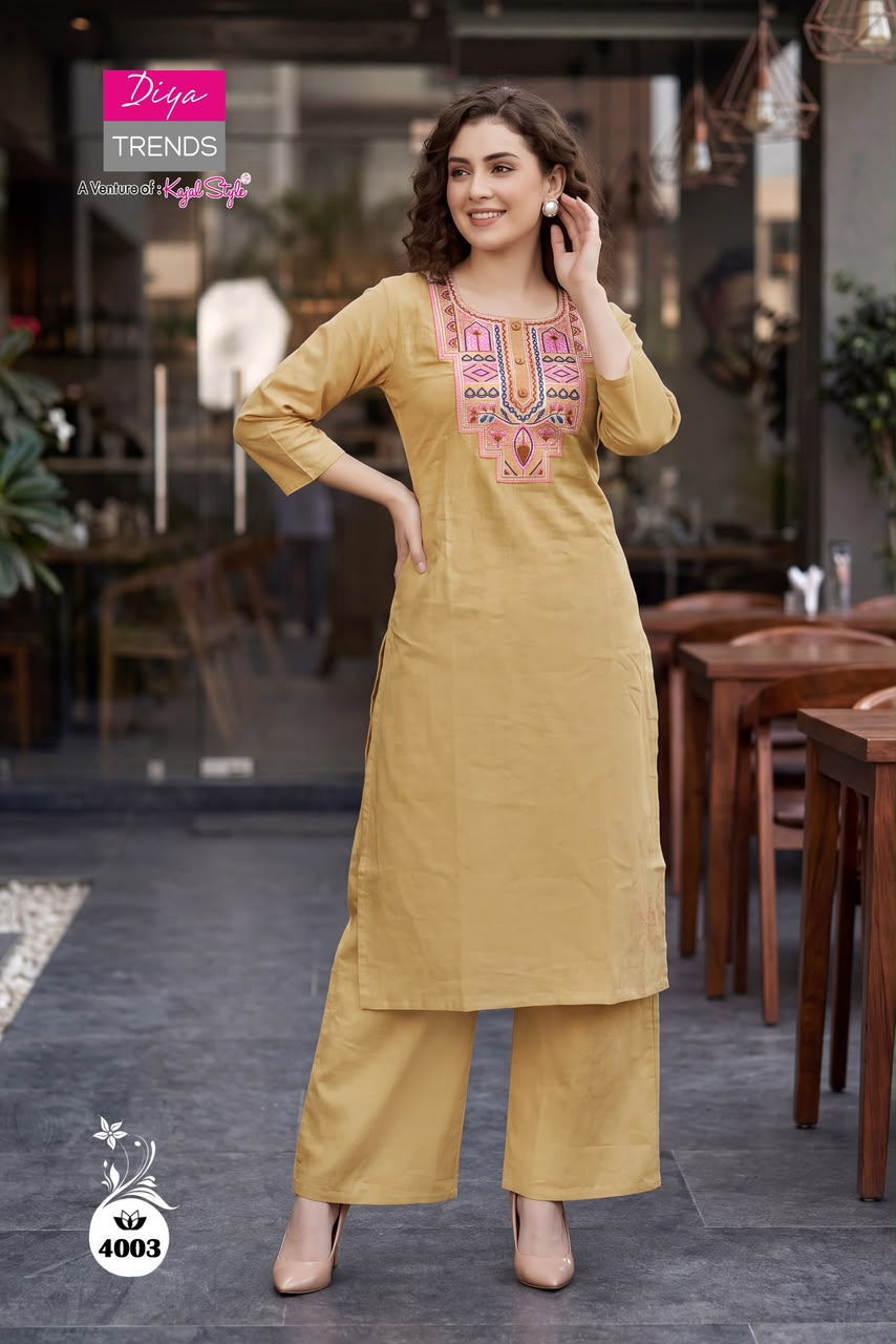 Design 4001 To 4010 Diya Trends Dhabu Cotton Kurti Plazzo Set Supplier India